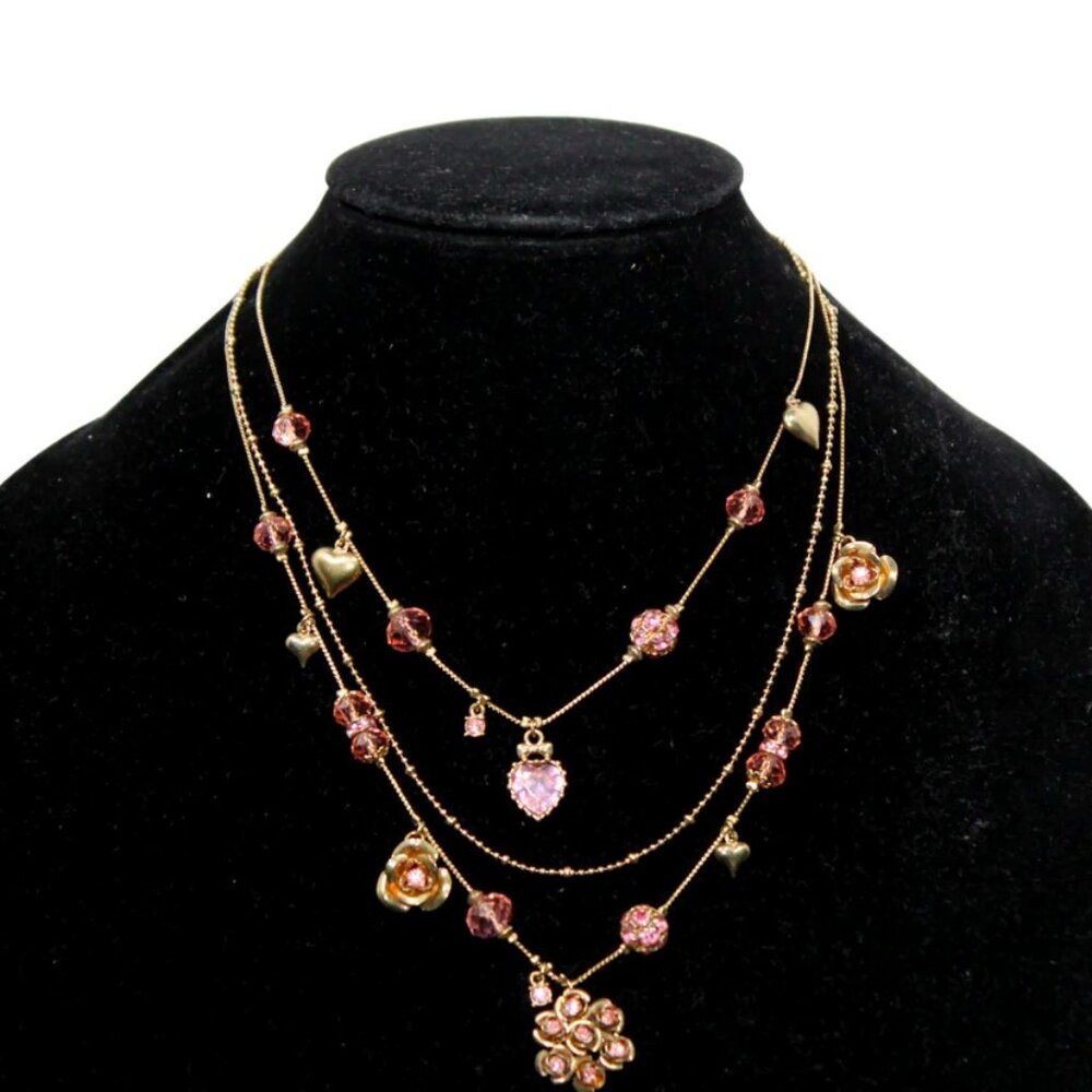 Multi Layer Purple Crystal Flower & Heart Triple Chain Strand Necklace